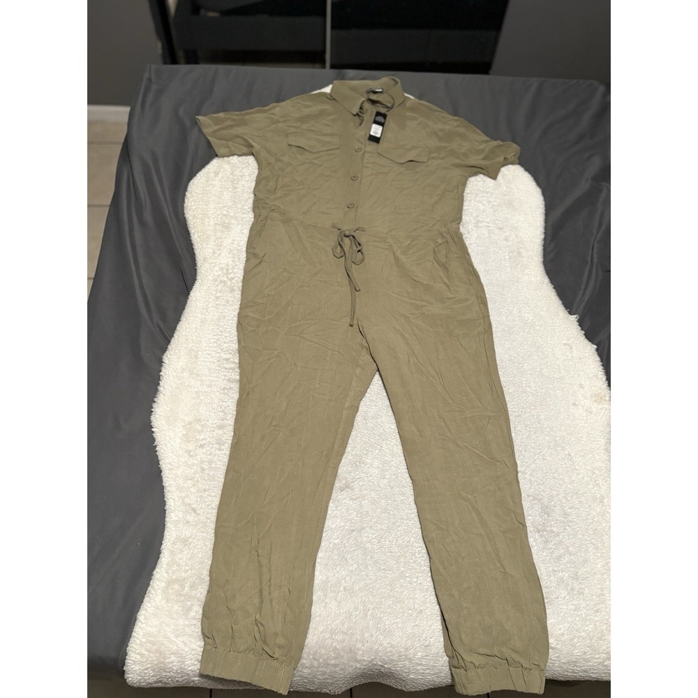 Fashion Nova Women's Olive Green Surviving‎ Summer Jumpsuit Size XL Linen Blend